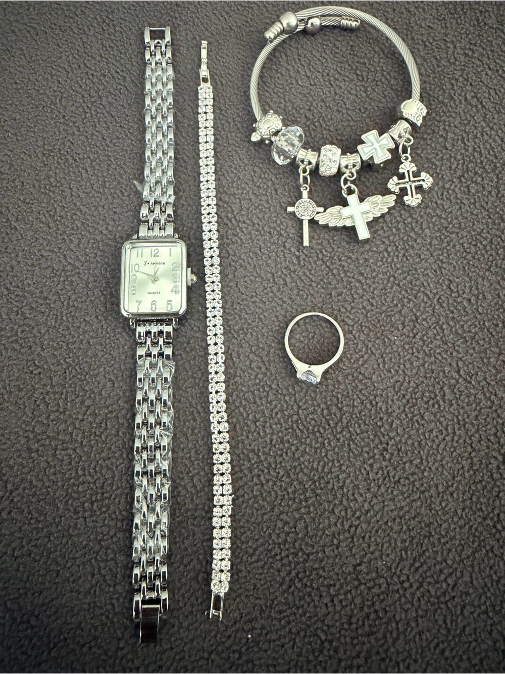 Silver Tone Women's Watch and Charm Bracelet Set - Silver